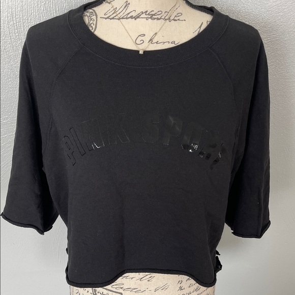 PINK Victoria’s Secret Black Cropped Sweatshirt Glossy Logo Top Small - Picture 3 of 7